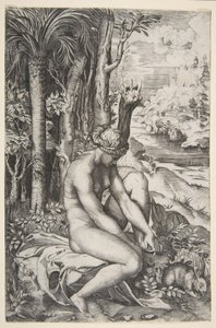 Vênus removendo um espinho do pé esquerdo enquanto estava sentado em um pano ao lado de árvores, um ..., ca. 1515-27. de Marco Dente