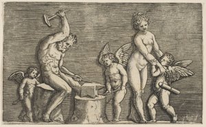 Vulcano sentado martelando uma bigorna ladeada por Vênus e três cupidos, ca. 1515-27. de Marco Dente