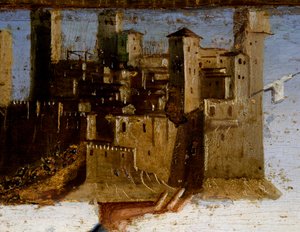 Entronizada Madonna e Santos, detalhe da predella de São Adriano por Marco Palmezzano (ca 1460-1539), Igreja de São Francisco, Matelica, Marcas, Itália, detalhe