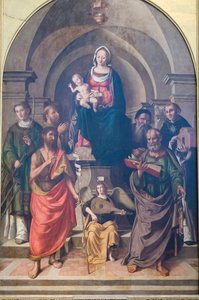 Virgem e Criança rodeadas de Santos de Marco Palmezzano