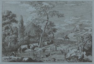 Gado e figuras em um riacho de fazenda de Marco Ricci