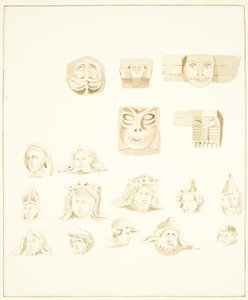 5 cabeças grotescas no campanário da Catedral de Bristol e 12 outras (lápis e aguarela sobre papel) de Marcus H. Homes