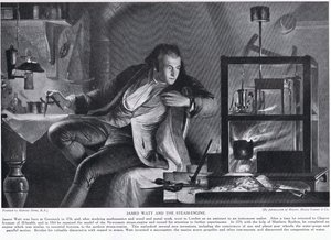 James Watt e o motor a vapor, ilustração da "História da nação britânica" de Hutchinson, c.1923 de Marcus Stone