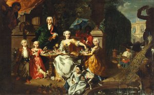 Um grupo familiar em um terraço nos terrenos de uma vila. Possivelmente o empresário inglês George Jackson e sua família de Marcus Tuscher
