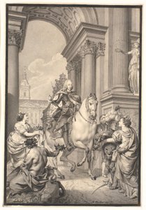 Preparação para a pintura: Dinamarca e Noruega prestam homenagem a Chr. VI (queimada com Christiansborg 1794) de Marcus Tuscher