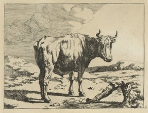 Touro em pé no toco de árvore Vacas e ovelhas (título da série) de Marcus de Bye