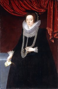 Retrato de Margaret Belasyse, em um vestido preto, com um colar de pérolas e um livro na mão direita