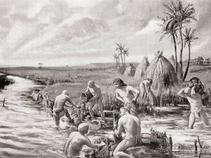 Os primeiros colonos da Babilónia drenam os pântanos construindo uma barragem, da History of the Nations de Hutchinson, pub.1915 de Margaret (after) Dovaston