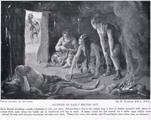 Interior de uma antiga cabana britânica, ilustração de "Hutchinson