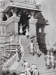 Kirtivarman Chandella visita o seu templo em Khajurahu, 1065 d.C. (litografia) de Margaret (after) Dovaston