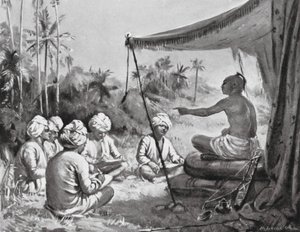 Kulottunga Chola dá instruções aos seus inspectores, 1086 d.C. (litografia) de Margaret (after) Dovaston