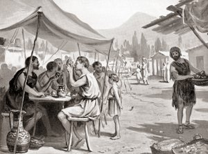 Uma das leis de Licurgo, o reformador espartano, era que ninguém devia tomar as suas refeições em casa ou em privado, da History of the Nations de Hutchinson, pub.1915 de Margaret (after) Dovaston