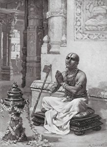 Ramanuja a contemplar a sua Filosofia do Deus Único e Pessoal, 1100 d.C. (litografia) de Margaret (after) Dovaston