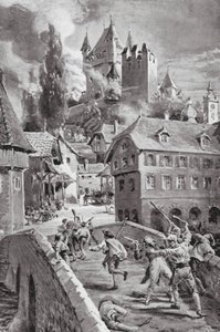 O incêndio do castelo de Wadenschwyl em 1804 (litografia) de Margaret (after) Dovaston