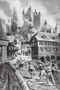O incêndio do castelo de Wadenschwyl em 1804 (litografia) de Margaret (after) Dovaston