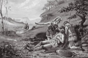 A morte de Epameinondas, 362 a.C. (litografia) de Margaret (after) Dovaston