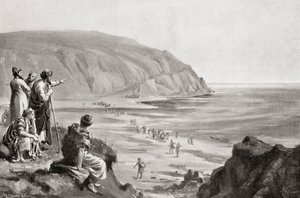 A chegada dos fenícios à costa oriental do Mediterrâneo, cerca de 1500 a.C., da History of the Nations de Hutchinson, pub.1915 de Margaret (after) Dovaston