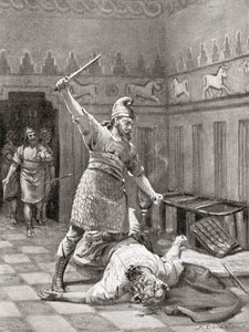 O assassinato de Tukulti-Ninurta I na sua cidade sitiada Kar-Tukulti-Ninurta, da História das Nações de Hutchinson, pub.1915