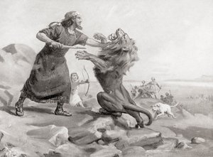 Tiglate-Pileser a matar um leão, de History of the Nations de Hutchinson, pub.1915 de Margaret (after) Dovaston