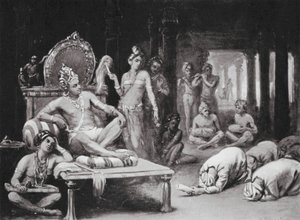 Vikramanka Chalukhya envia uma carta de amizade a Kulottunga Chola (litografia) de Margaret (after) Dovaston