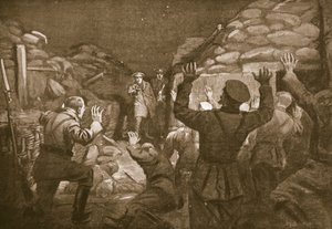 Um oficial alemão e catorze dos seus homens pedem clemência ao tenente Leach (litografia) de Margaret Dovaston