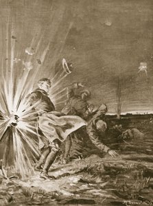 Um projétil rebenta perto do soldado Jackson, rebentando com o seu braço quando ajudava a trazer um ferido (litografia) de Margaret Dovaston