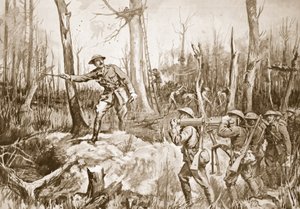 Capitão (Tenente-Coronel temporário) R.B. Barker organizando as defesas de um bosque (litografia) de Margaret Dovaston