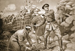 O capitão Vickers mantém o inimigo à distância enquanto é construída uma barreira atrás de si (litografia) de Margaret Dovaston