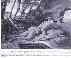 Sargento-mor da Companhia Barwick a disparar de uma casa de campo em ruínas em Ghehuvelt, outubro de 1914 (litografia) de Margaret Dovaston