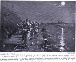 O Sargento-Mor Seaman liderando os seus homens ao longo do Canal de La Basse, fevereiro de 1915 (litografia) de Margaret Dovaston