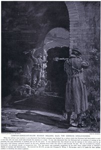 O Sargento-Mor Seaman foi condecorado com um DCM por ter conseguido, com uma só mão, travar um ataque alemão em fevereiro de 1915 (litografia) de Margaret Dovaston