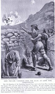 Como o soldado Vaughan ganhou o DCM em Lone Pine, Dardanelos, agosto de 1915 (litografia)