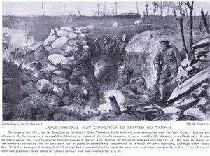 O cabo Best foi condecorado com um DCM por ter começado a reconstruir a sua trincheira no Canal Yser sob fogo intenso em agosto de 1915 (litografia) de Margaret Dovaston