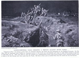 O cabo Jacka ganha um VC ao mostrar como um homem pode vencer sete maio de 1915 (litografia) de Margaret Dovaston