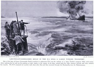 O Tenente Comandante Boyle no E14 afunda um grande transporte turco em 1915 (litografia) de Margaret Dovaston