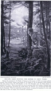 Soldado Edom à caça de atiradores furtivos em Chivy Wood, outono de 1914 (litografia) de Margaret Dovaston