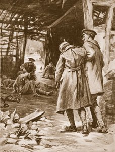 O soldado J.S. Kerr a prestar os primeiros socorros aos feridos numa quinta que estava a ser fortemente bombardeada (litografia)