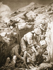 Os soldados Druall e Smith retiram os feridos de uma seiva que estava desprotegida e exposta a fogo pesado (litografia) de Margaret Dovaston