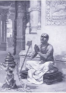 Ramanuja contemplando a sua filosofia do Deus único e pessoal 1100 d.C. (litografia) de Margaret Dovaston