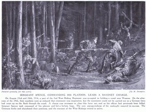 O Sargento Spence ganhou um DCM por liderar o seu pelotão numa carga de baioneta nos bosques perto de Wasmes, em agosto de 2014 (litografia) de Margaret Dovaston