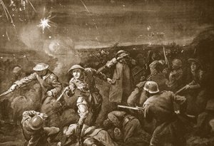 O capitão temporário A.C.T. White lidera um contra-ataque e expulsa o inimigo de um reduto (litografia) de Margaret Dovaston