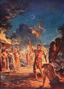 O incêndio de Lagash, ilustração da "História das Nações" de Hutchinson, c.1910 (litografia a cores) de Margaret Dovaston