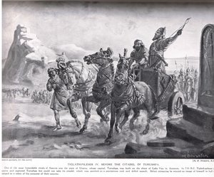 Tiglate-Pileser IV diante da cidadela de Turushpa, ilustração da "História das Nações de Hutchinson" (litografia) de Margaret Dovaston
