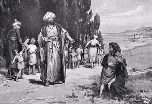 Homenagem das crianças aos turcos, ilustração da "História das Nações de Hutchinson de Margaret Dovaston