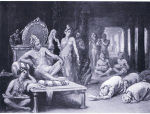 Vikramanka Chalukhya envia uma mensagem amigável a Kulottunga Chola (litografia) de Margaret Dovaston