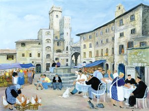 Hora do almoço numa praça de mercado, Toscana (óleo sobre tela) de Margaret Loxton