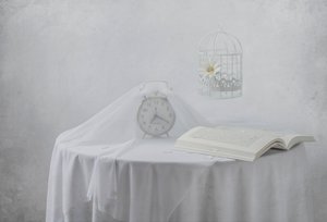 Relógio Serene com livro e gaiola de pássaros