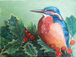 Kingfisher sobre bagas, 2022 (pastel) de Margo Starkey