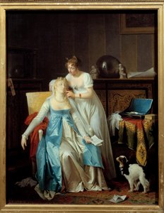 Más Notícias Uma garota vestida de moda Premier Empire desmaia quando lê uma carta anunciando o infortúnio. Pintura de Marguerite Gerard (1761-1837) 1804 Sol. 0,63x0,5 m