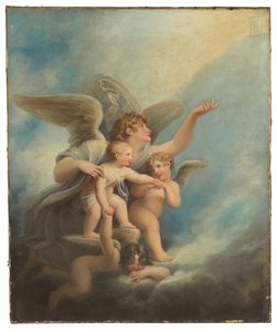 Um anjo e putti que acompanham a alma de uma criança ao céu